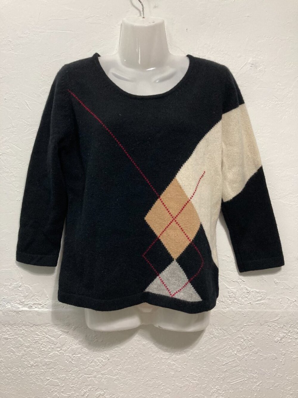 Vintage Lord & Taylor Sweater Argyle Two Ply Cashmere Preppy Colorblock Black M